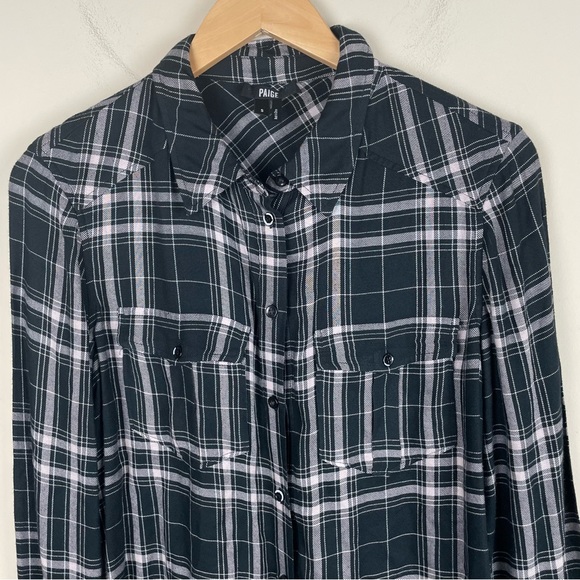 PAIGE Soft Lightweight Button Front Black Gray Plaid Flannel Shirt - Picture 4 of 8